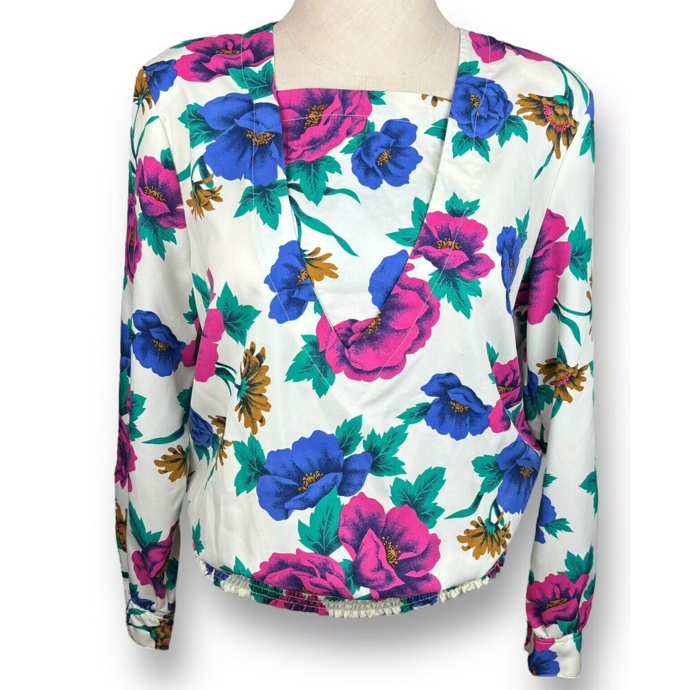 Vintage 1980’s Cos Cob Floral Blouse Pink & Blue L/S Polyester Ruched Waist Med.
